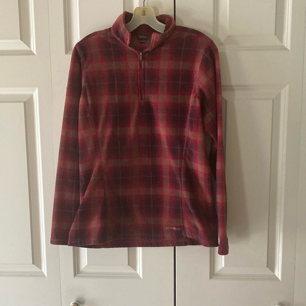 Eddie Bauer fleece pullover 1/4 zip plaid women med active warm cozy cabincore